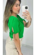 Blusa Viscose Manga Com Fenda Decote V - Verde bandeira