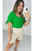 Blusa Viscose Manga Com Fenda Decote V - Verde bandeira