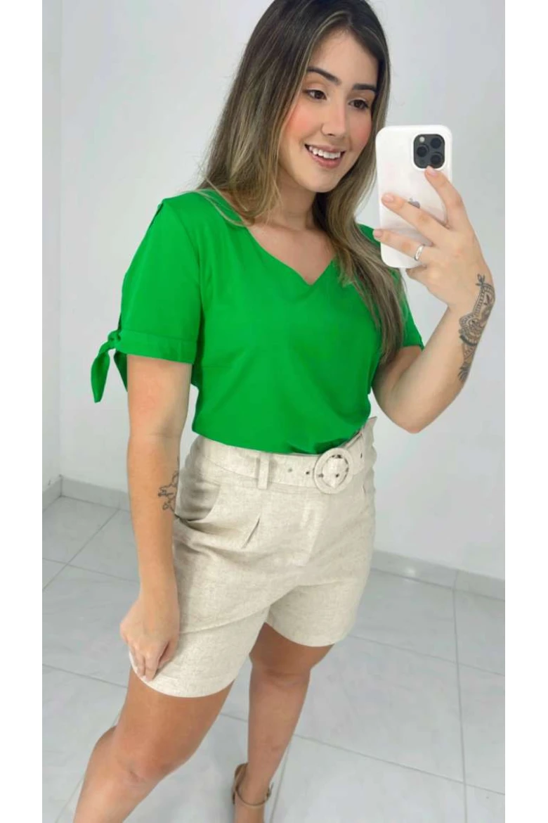 Blusa Viscose Manga Com Fenda Decote V - Verde bandeira