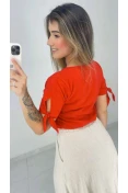 Blusa Viscose Manga Com Fenda Decote V - Vermelho