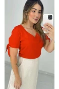 Blusa Viscose Manga Com Fenda Decote V - Vermelho