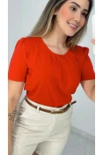 Blusa Viscose Manga Curta Busto Redondo Com Pregas - Vermelho