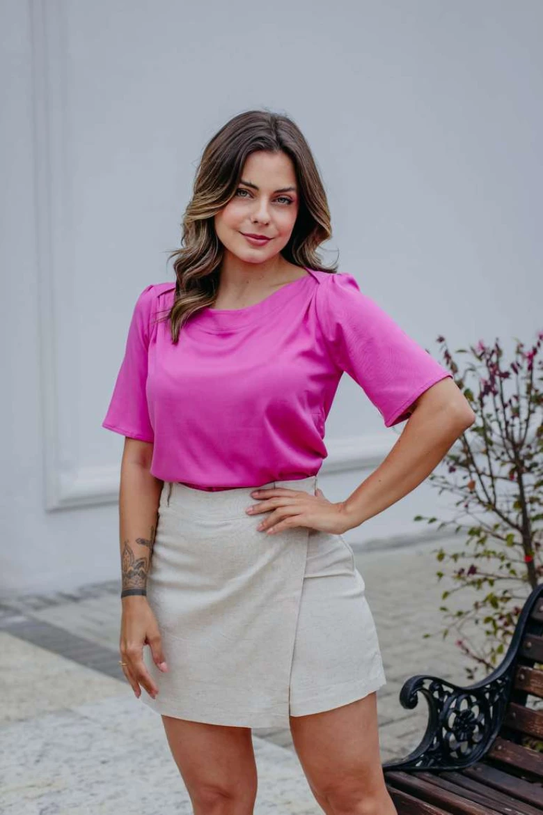 Blusa Viscose Manga Curta Decote Canoa - Rosa