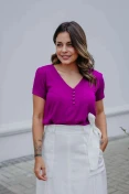 Blusa Viscose Manga Curta Decote V Com Botões - Fucsia