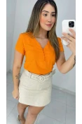 Blusa Viscose Manga Curta Decote V Com Botões - Laranja