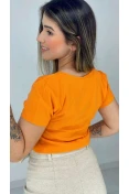 Blusa Viscose Manga Curta Decote V Com Botões - Laranja