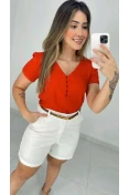 Blusa Viscose Manga Curta Decote V Com Botões - Vermelho