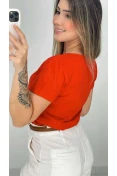 Blusa Viscose Manga Curta Decote V Com Botões - Vermelho