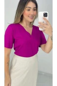 Blusa Viscose Manga Curta Decote V - Fucsia