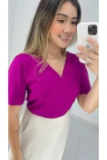 Blusa Viscose Manga Curta Decote V - Fucsia