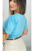 Blusa Viscose Manga Curta Gota E Botão - Azul claro