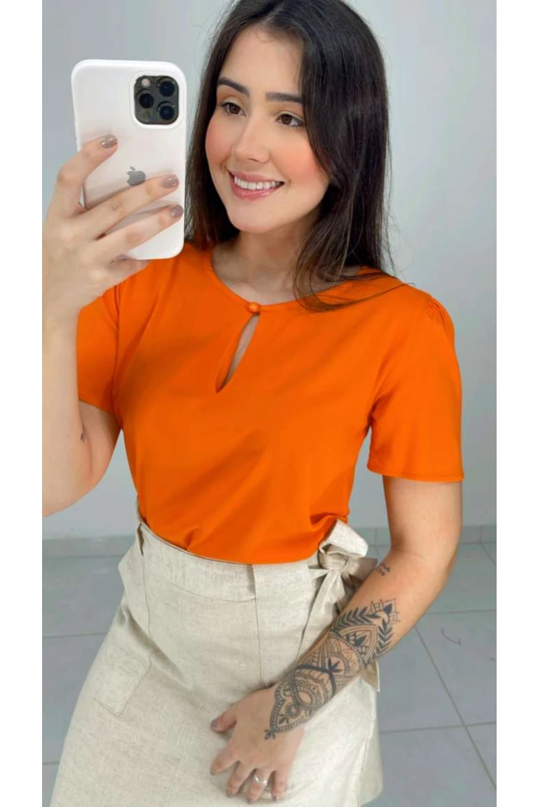 Blusa Viscose Manga Curta Gota E Botão - Laranja