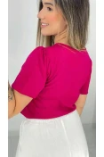 Blusa Viscose Manga Curta Gota E Botão - Rosa magenta