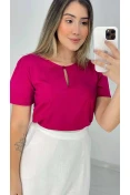 Blusa Viscose Manga Curta Gota E Botão - Rosa magenta