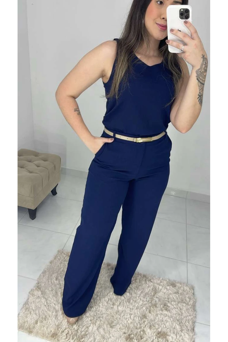 Calça Pantalona Linho C/ Cinto - Azul marinho