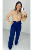 Calça Pantalona Linho C/ Cinto - Azul marinho