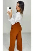 Calça Pantalona Linho C/ Cinto - Marrom