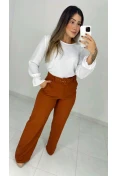 Calça Pantalona Linho C/ Cinto - Marrom