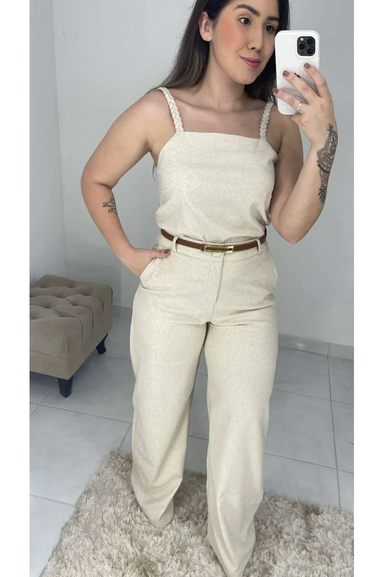 Calça Pantalona Linho C/ Cinto - Natural