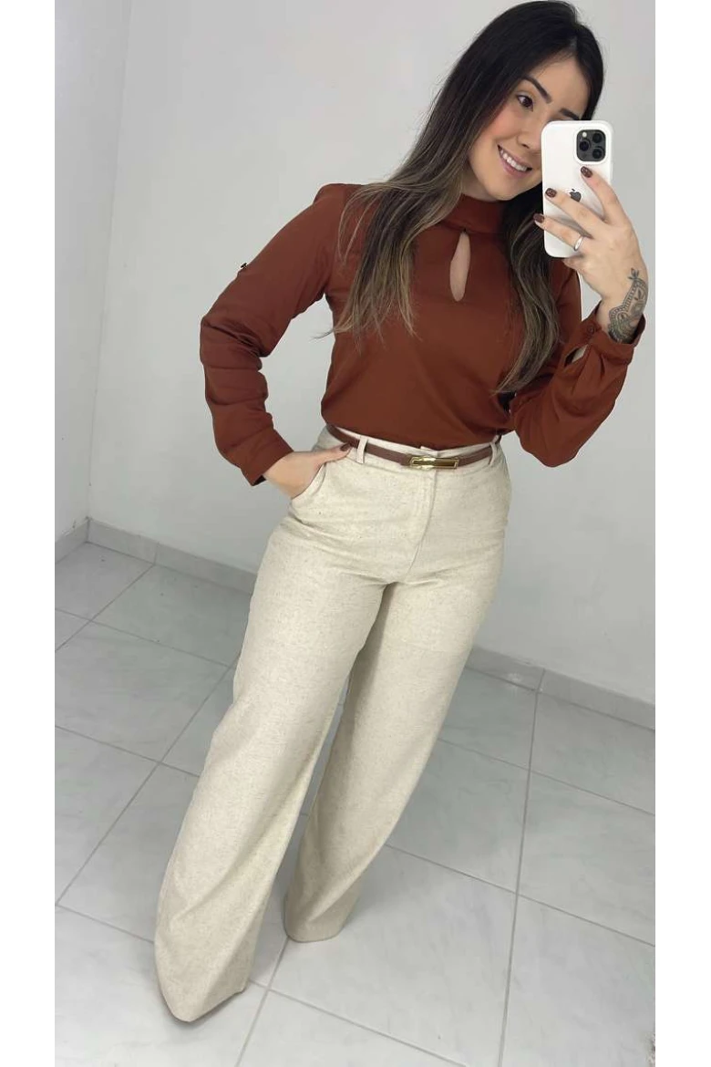 Calça Pantalona Linho C/ Cinto - Natural