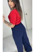 Calça Pantalona Linho C/ Elástico - Azul marinho