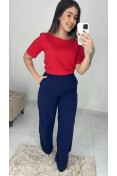 Calça Pantalona Linho C/ Elástico - Azul marinho