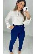 Calça Reta De Linho C/ Cinto - Azul marinho