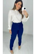 Calça Reta De Linho C/ Cinto - Azul marinho