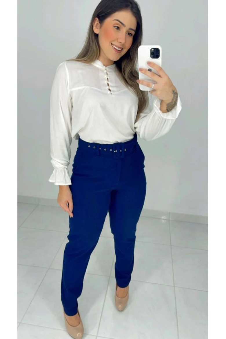 Calça Reta De Linho C/ Cinto - Azul marinho