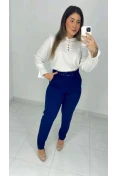 Calça Reta De Linho C/ Cinto - Azul marinho