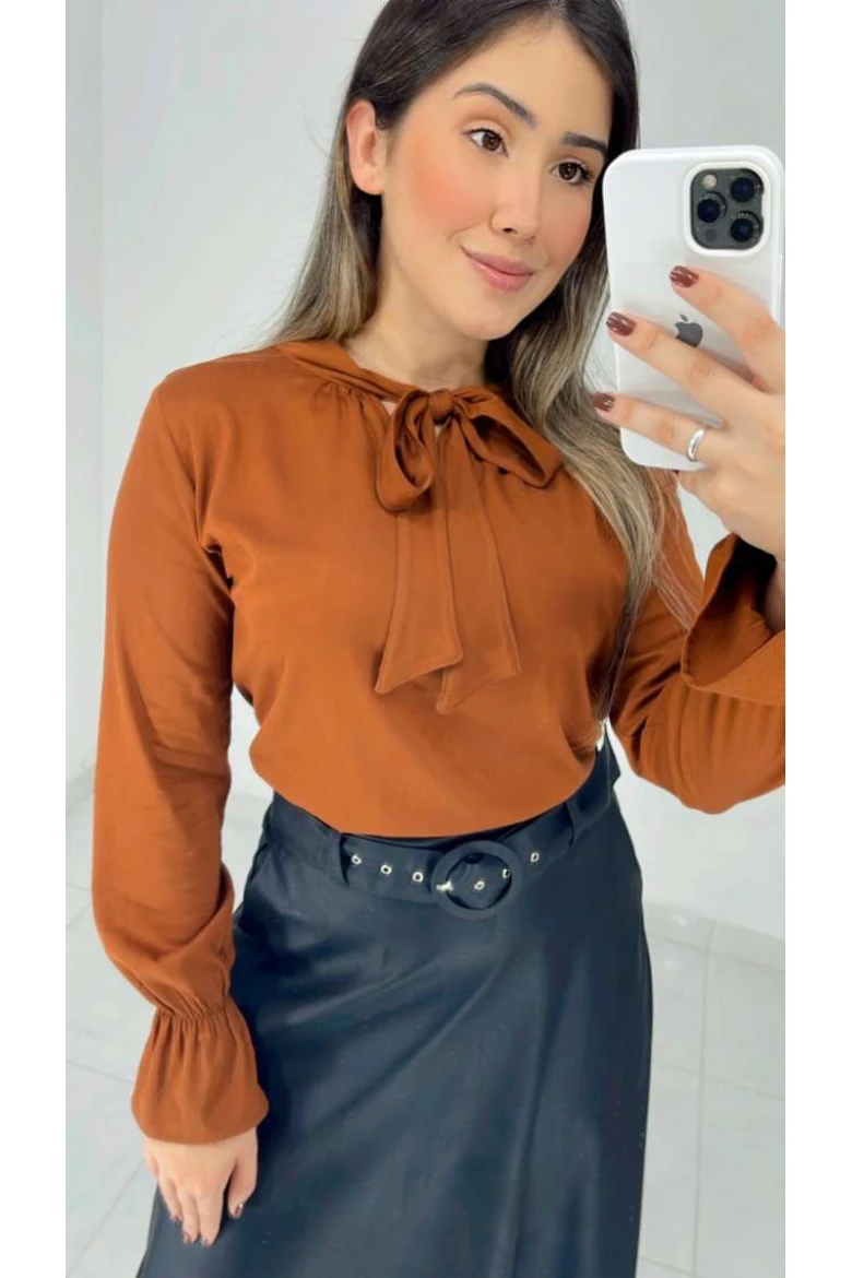 Camisa Gola Laço Viscose - Marrom