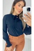 Camisa Gola Laço Viscose - Preto