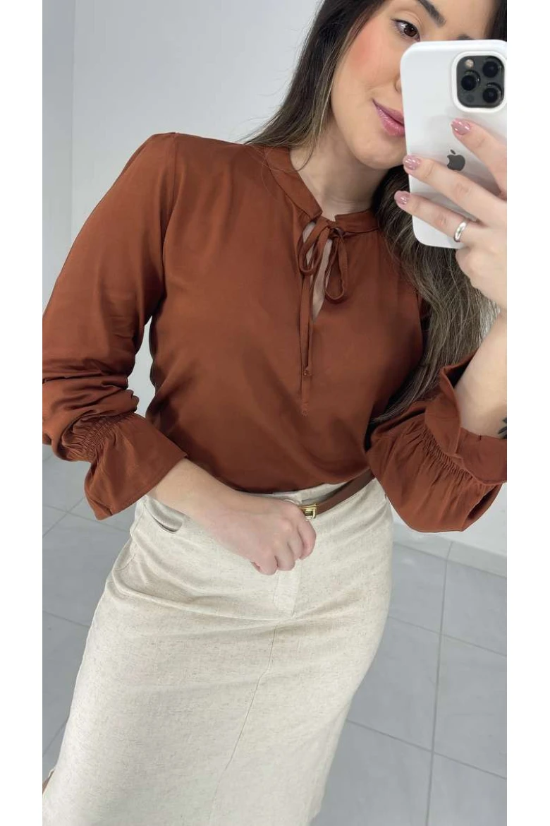 Camisa Viscose C/ Gola E Amarração - Marrom