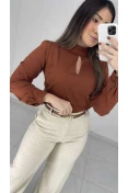 Camisa Viscose Gola Alta C/ Gota - Marrom
