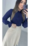 Camisa Viscose Manga Longa Com Gola - Azul marinho