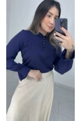 Camisa Viscose Manga Longa Com Gola - Azul marinho