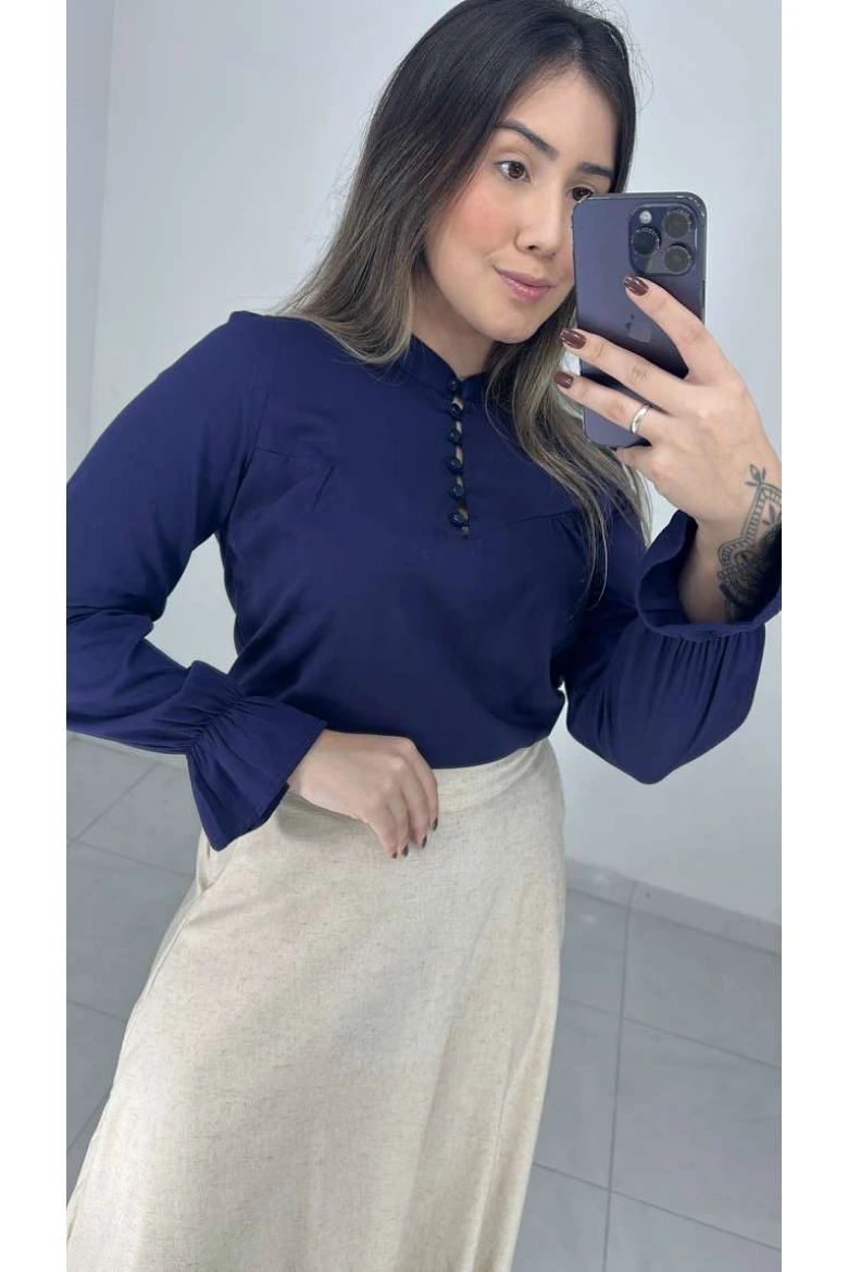 Camisa Viscose Manga Longa Com Gola - Azul marinho