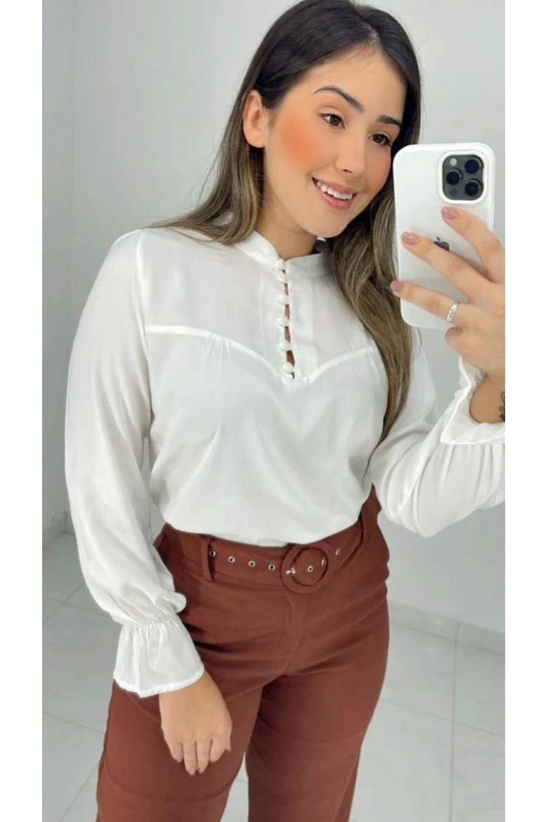 Camisa Viscose Manga Longa Com Gola - Of white
