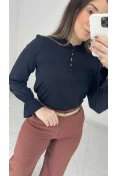 Camisa Viscose Manga Longa Com Gola - Preto
