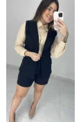 Colete Alongado Linho C/ Faixa - Preto