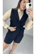 Colete Alongado Linho C/ Faixa - Preto