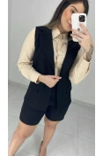 Colete Alongado Linho C/ Faixa - Preto