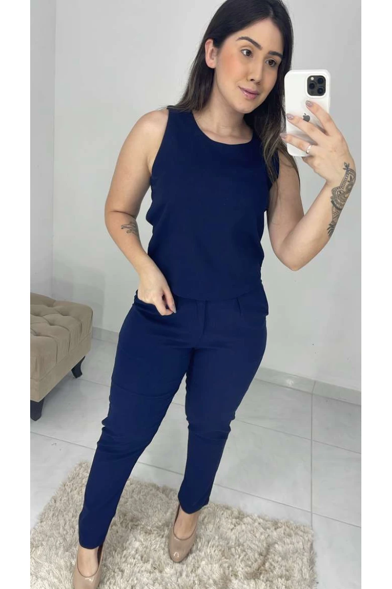 Regata Alça Larga Linho - Azul marinho