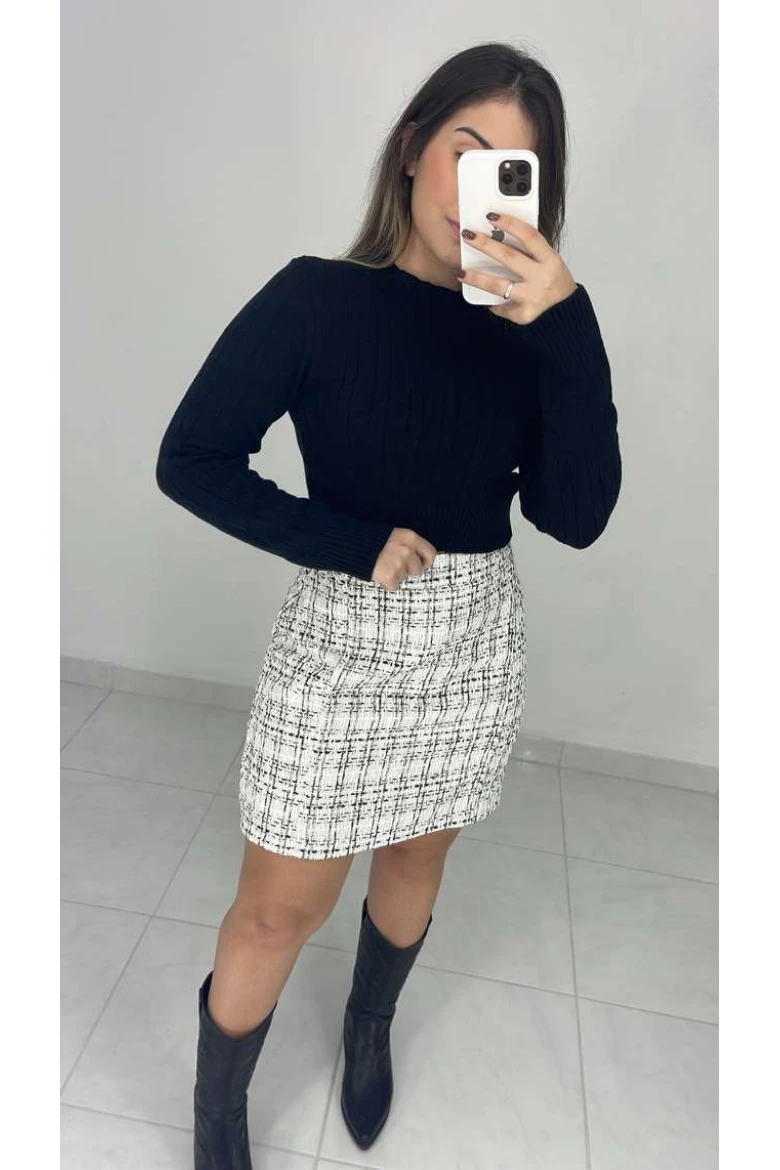 Saia Curta Tweed - Tweed branco