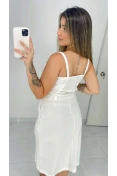 Saia Midi Linho Botões Rajados - Off white