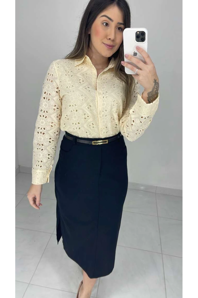 Saia Midi Linho C/ Cinto Sintético - Preto