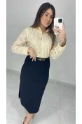 Saia Midi Linho C/ Cinto Sintético - Preto