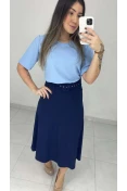 Saia Midi Linho Com Cinto - Azul marinho
