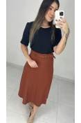 Saia Midi Linho Com Cinto - Marrom