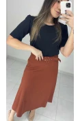 Saia Midi Linho Com Cinto - Marrom